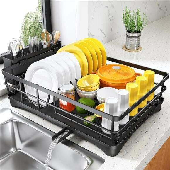 Large dish drying rack with drainboard utensil holder rustproof kitchen counter - Picture 1 of 7